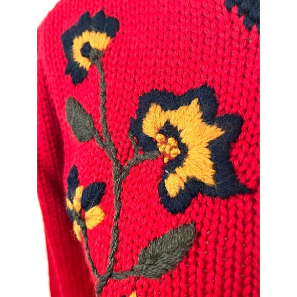 Vtg THE VILLAGER 100% Worsted Wool Sweater Women's S Petite Red Hand Embroidered - Picture 5 of 9
